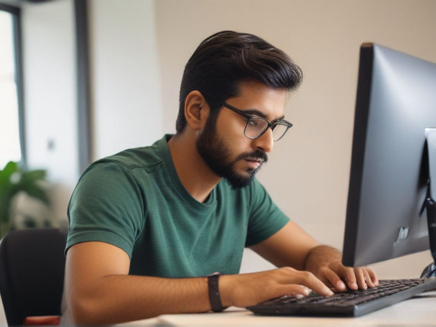 An Indian magento developer coding using his computer.