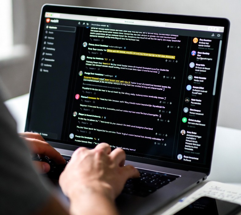 A developer analyzing Reddit threads on a laptop with highlighted user comments and feedback