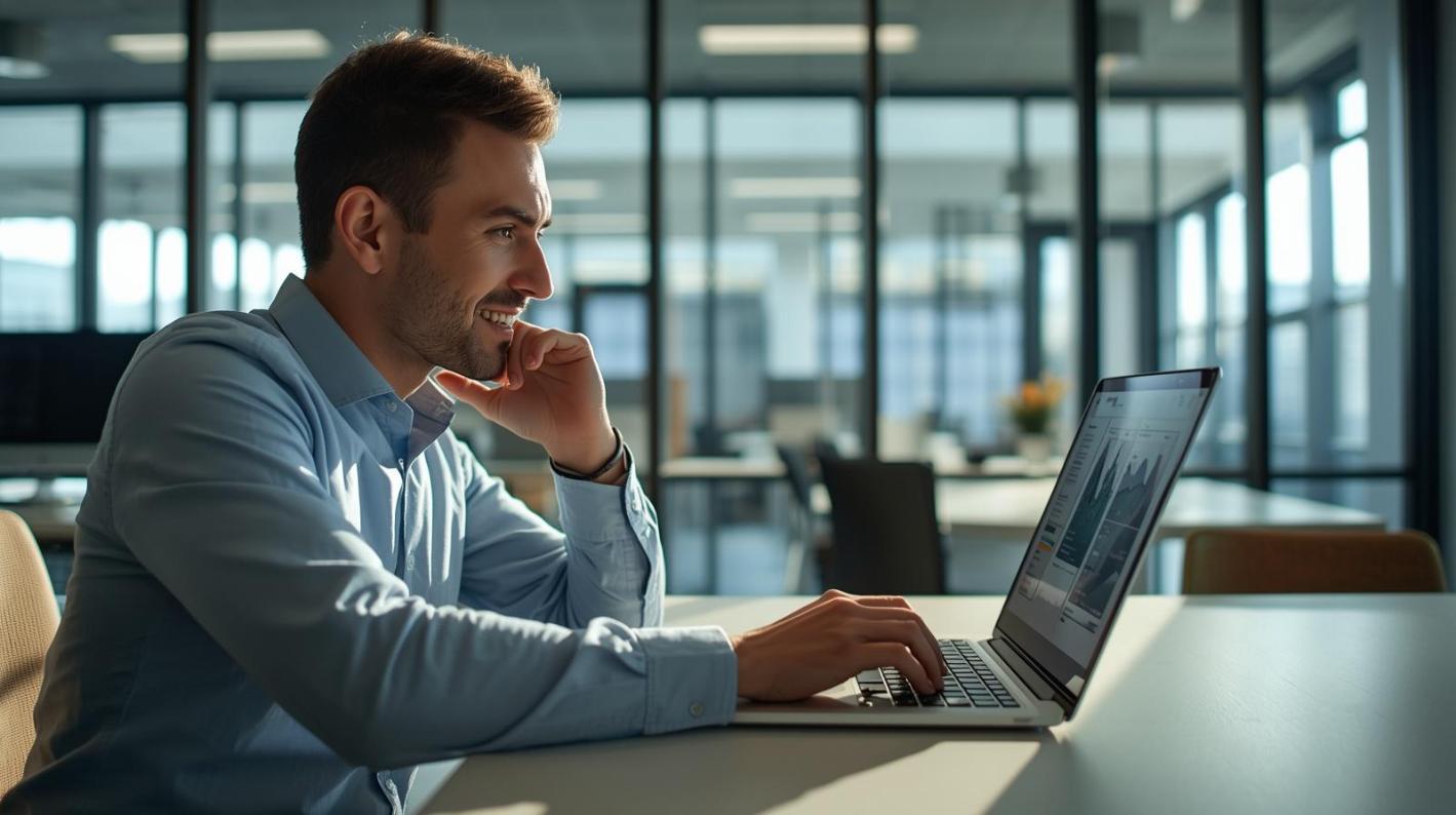 Software developer creates AI business tools inside a bright modern office workspace today.