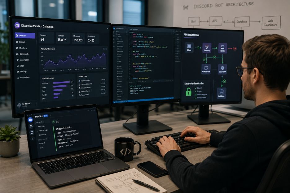 Developer workspace with multi-monitor setup